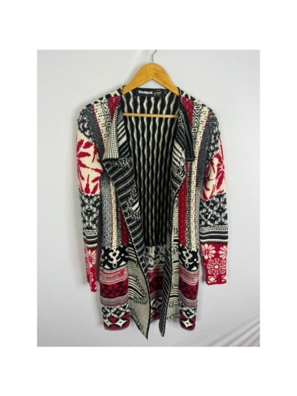 Desigual by Christian Lacroix Open Front Knit Cardigan Sweater Red Black Large
